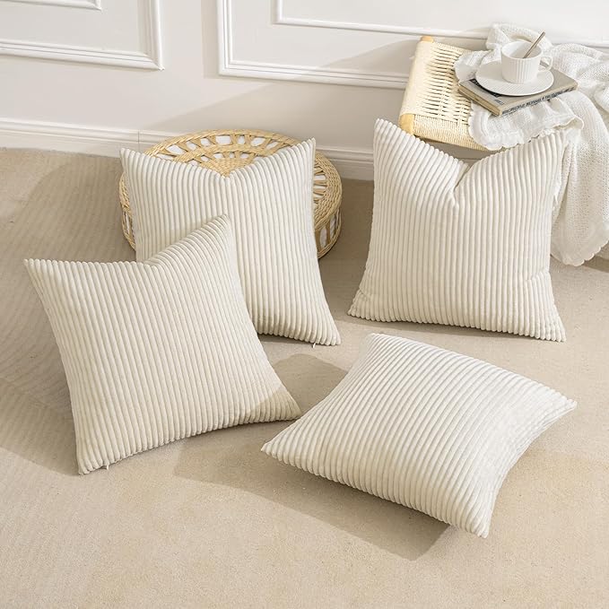 MIULEE Boho Farmhouse Throw Pillow Covers 18x18 Inch Set of 4 Mordern Nordic Cushion Covers Soft Corduroy Spring Home Decor for Couch Bed Sofa Living Room Cream White
