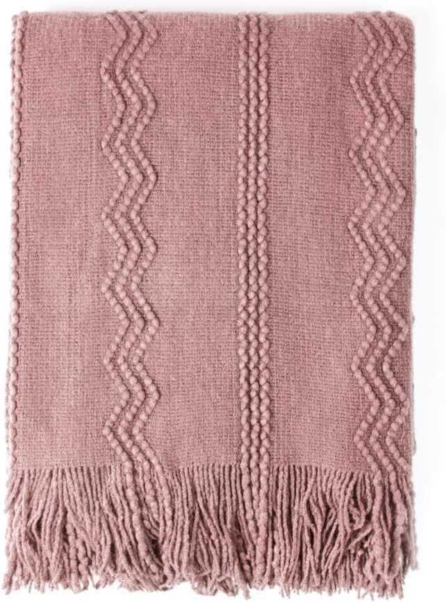 BOURINA Coral Pink Throw Blanket 60 x80 Inches Textured Solid Soft Sofa Throw Bed Runner Knitted Decorative Blanket