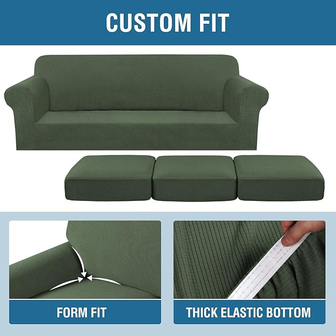 H.VERSAILTEX 4 Piece Stretch Sofa Covers for 3 Cushion Couch Covers for Living Room Furniture Slipcovers (Base Cover Plus 3 Seat Cushion Covers) Upgraded Thicker Jacquard Fabric (Sofa, Bronze Green)