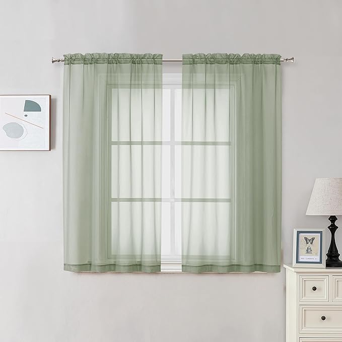 OVZME 2 Panels Sheer Sage Green Curtains 54 Inches Length Window Treatment for Kitchen, Elegant Airy Transparent Curtain Draperies Rod Pocket for Kids Living Room, Each 42 Width 54 Length