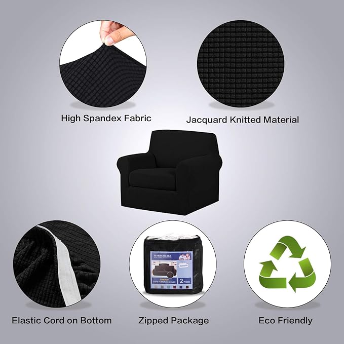 H.VERSAILTEX 2 Piece Stretch Stylish Furniture Cover/Protector Chair Covers for Living Room Soft with Elastic Bottom for Kids, Spandex Jacquard Fabric Small Checks(Chair, Black)