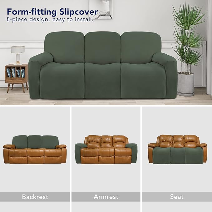 PureFit Super Stretch 3 Seats Recliner Chair Sofa Couch Cover with Pocket – Non Slip Soft Sofa Slipcover, Washable Spandex Reclining Furniture Protector for Kids, Pets (Recliner Sofa, Grayish Green)