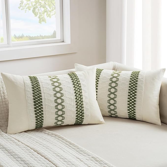 MIULEE Set of 2 Moss Green Boho Decorative Lumbar Pillow Covers 12x20 Inch Farmhouse Rustic Couch Throw Pillows Modern Summer Cushion Covers Retro Cute Macrame Woven Spring Decor for Bed Sofa Chair
