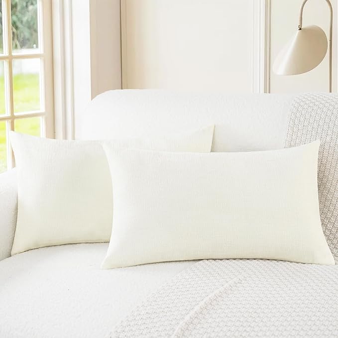 CaliTime Throw Pillow Covers Decorative 12 X 20 Inches Pack of 2 Cozy Chenille Cushion Cases for Couch Sofa Bed Living Room Home Cream