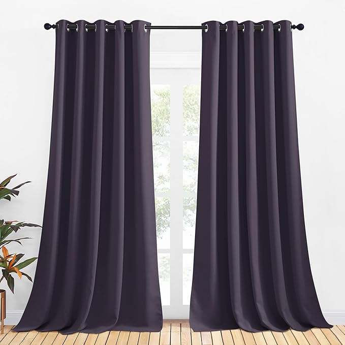 NICETOWN Bedroom Curtains Blackout Drapery Panels, 2 Panels, 70 x 108 inches, Greyish Purple, Three Pass Microfiber Thermal Insulated Solid Ring Top Blackout Window Curtains/Drapes