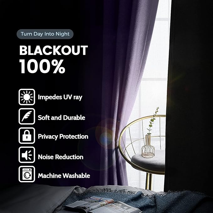SimpleHome 100% Blackout Curtains for Bedroom,Thermal Insulated Lilac Grommet Window Drapes Room Darkening Curtains for Living Room with Black Back,52 x 72 Inch,2 Panels