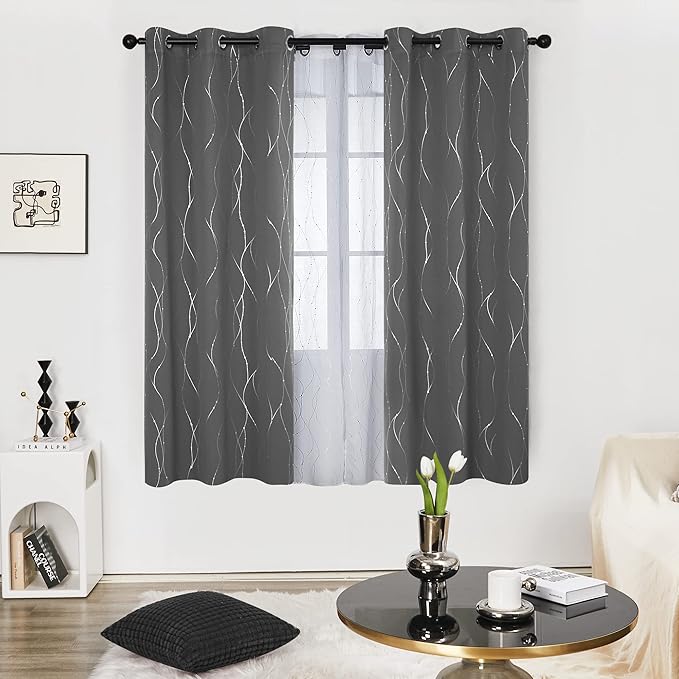 Deconovo Blackout Curtains, Grey Curtains, Thermal Insulated Soundproof Grommet Drapes, Silver Wave Dot Foil Print, 42 x 72 Inch, 2 Panels, Machine Washable Window Panel for Living Room Bedroom Office