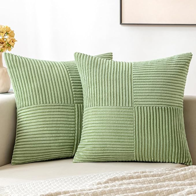 MIULEE Sage Green Decorative Throw Pillow Covers 18x18 Inch for Couch Bed Sofa Spring Decor Pack of 2 Boho Farmhouse Throw Pillows Soft Cross Corduroy Patchwork Textured Cushion Cases
