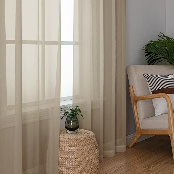 Simplebrand Taupe Sheer Curtains 84 Inches Long 2 Panels, Light Filtering Rod Pocket Solid Color Kakhi Taupe Brown Elegant Window Sheer Curtains & Drapes for Living Room, Bedroom (42" W x 84" L)