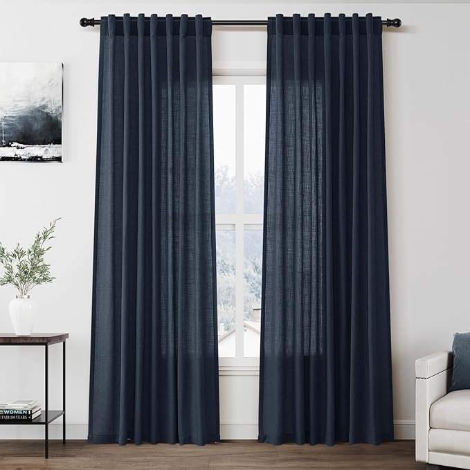 Nanspring Vintage Blue Linen Curtains 84 Inch Length 2 Panels Set for Living Room Rod Pocket Back Tab Light Filtering Window Drapes for Bedroom Dining Room Protect Privacy Vintage Country Decor