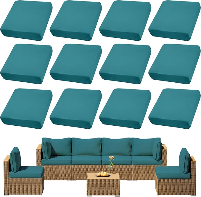 12Pcs Outdoor Cushion Covers, Patio Cushion Covers,Stretch Elastic Slipcovers, Replacement Washable & Reusable Furniture Protector for Patio Couch (Peacock Blue,Cover Only)