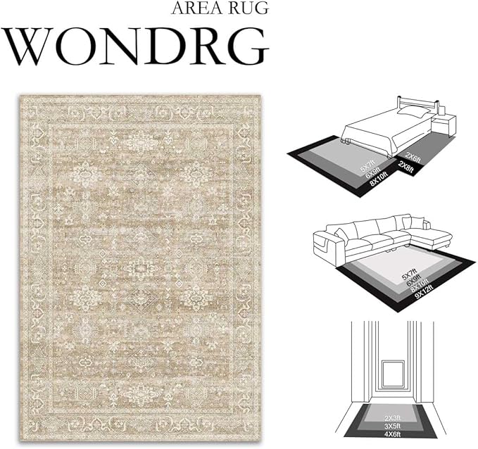 4x6 Washable Area Rug for Living Room Bedroom Vintage Beige Soft Low Pile Carpet Traditional Retro Non Slip Throw Rug for Dining Room Entryway Indoor Dorm Kitchen