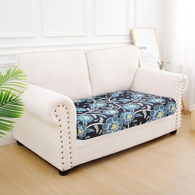 hyha Printed Couch Cushion Covers, Floral Sofa Covers Washable for 2 Cushion Couch, Stretch Pattern Outdoor Cushion Covers for Patio Furniture with Elastic Bottom(Medium, Bluebell)