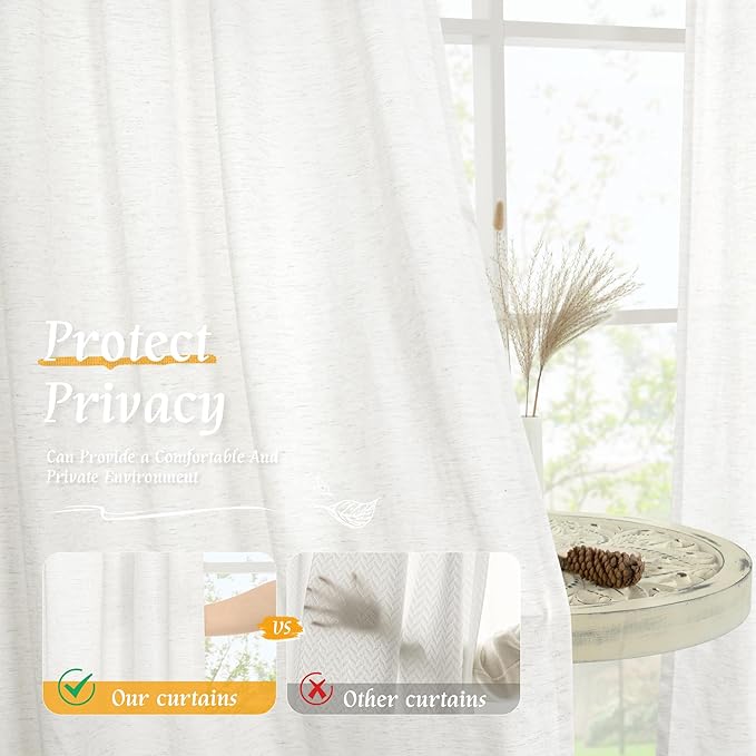 LAMIT Ivory White Linen Curtains 48 Inch Length, Faux Linen Textured Light Filtering Panels Rod Pocket Privacy Neutral Drapes for Kitchen/Window/Bedroom/Living Room, 2 Panels, 42 x 48 Inch