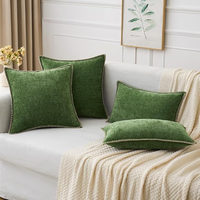 MIULEE Pack of 2 Pillow Covers 20x20 Inch Moss Green Farmhouse Decorative Throw Pillow Covers with Stitched Edge Soft Chenille Solid Dyed Couch Pillow Covers for Sofa Bed Living Room