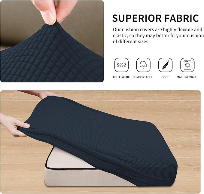 Easy-Going Stretch 3 Pieces Couch Cushion Covers for Sectional Sofa Left/Right L Shape Chaise Lounge Sofa Seat slipcover Anti-Slip Sofa Cover Soft (2 Seater + 1 Chaise, Dark Blue)