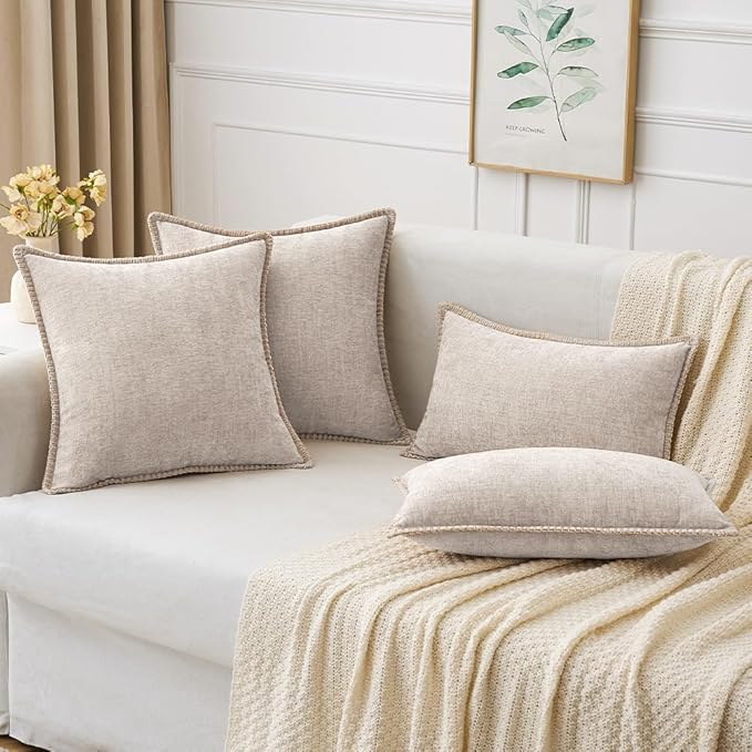 MIULEE Pack of 2 Couch Throw Pillow Covers 18x18 Inch Natural Beige Farmhouse Decorative Pillow Covers with Stitched Edge Taupe Soft Chenille Solid Dyed Pillow Covers for Sofa Bed Living Room