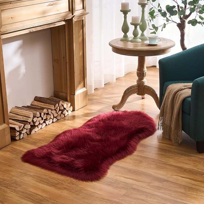 EasyJoy Ultra Soft Fluffy Shaggy Area Rug Faux Fur Rug Chair Cover Seat Pad Fuzzy Area Rug for Bedroom Floor Sofa Living Room (2 x 4 ft Sheepskin, Burgundy)