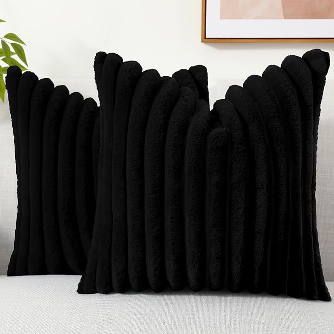 decorUhome Cozy Faux Fur Throw Pillow Covers 20x20 Set of 2 Decorative Soft Plush Striped Modern Farmhouse Boho Couch Pillow Cases with Velvet Back for Sofa Bed Living Room, Black