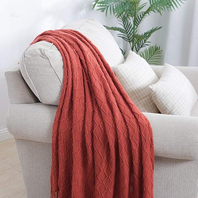 BOURINA Rust Throw Blanket 50x60 Inches Throw Textured Solid Soft Sofa Throw Couch Knitted Decorative Blanket