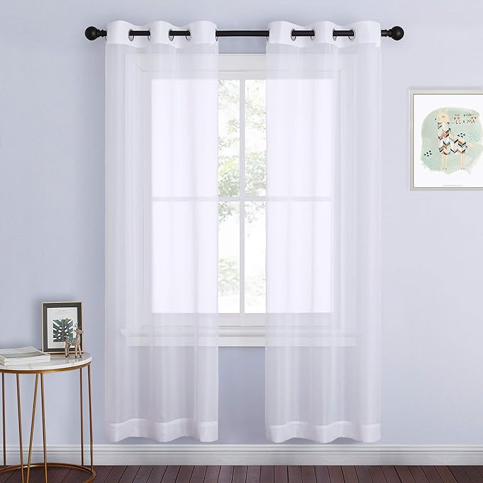 NICETOWN White Sheer Curtains 72 inches Long - Silver Eyelet Top Light Filtering Window Drapes Airy & Breathable Living Room Voile Panels for Flat/Apartment, 74" W Total 2 Pieces