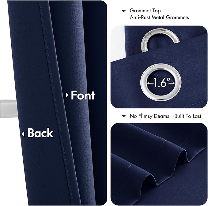 MIULEE Navy Blue Blackout Curtains for Bedroom Living Room 64 Inches Long 2 Panels, Thermal Insulated Room Darkening Drapes Solid Grommet Noise Reducing Light Blocking Window Treatments 40x64 Inch