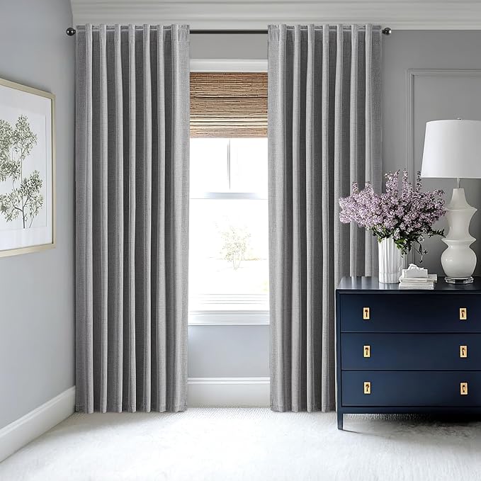 MIULEE 100% Blackout Linen Curtains for Bedroom, Glacier Gray Solid Luxury Decor Thermal Insulation Room Darkening Drapes for Living Room Nursery Back Tab Rod Pocket 42 x 90 Inches, 2 Panels