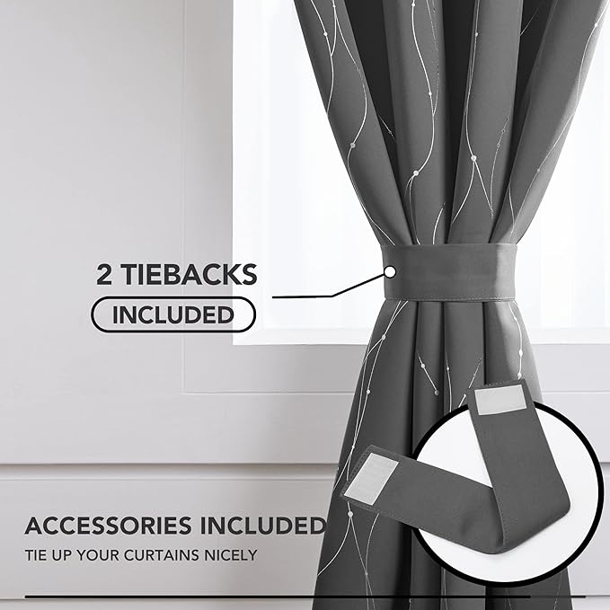 Deconovo Blackout Curtains, Grey Curtain, Thermal Insulated Noise‑Reducing Drape, Wave Line Dot Foil Print, 52 x 45 Inch, 2 Panels, Machine‑Washable Curtain Drapes for Kitchen Nursery Small Window
