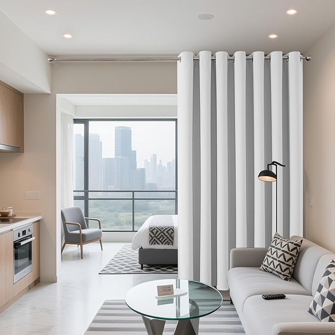 Joydeco Blackout Patio Sliding Door Curtains 96 Inches Long, Grommet Privacy Room Divider Curtains, Extra Wide Thermal Blackout Drapes for Bedroom Living Room (Greyish White, 60Wx96L, 1 Panel)