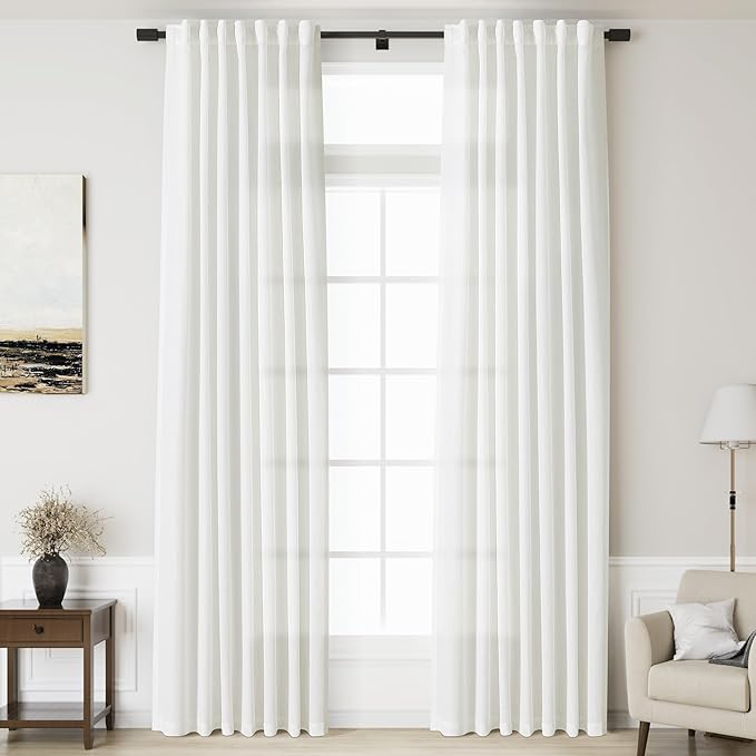 Linen Off White Curtains 132 inch Extra Long for Living Room Back Tab Light Filtering Semi Sheer Drapes Modern Farmhouse Coastal Decor Cotton Textured Curtain for Floor to Ceiling Window 11 FT