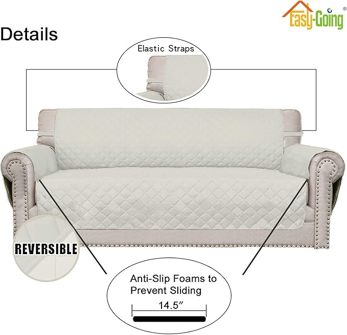 Easy-Going Reversible Couch Cover for 3 Cushion Couch Sofa Cover for Dogs Water Resistant Furniture Protector Cover with Foam Sticks Elastic Straps for Pet Cat (Sofa, Ivory/Ivory)