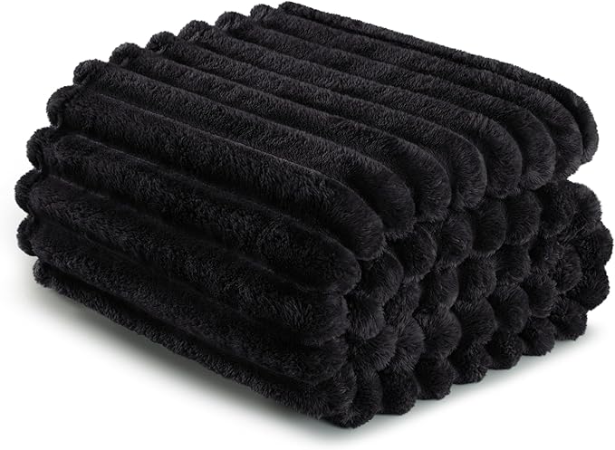 Exclusivo Mezcla Twin Size Flannel Fleece Blanket, Super Soft Striped Jacquard Bed Blanket, Lightweight Fuzzy Cozy for All Seasons, 60x80 Inches, Black