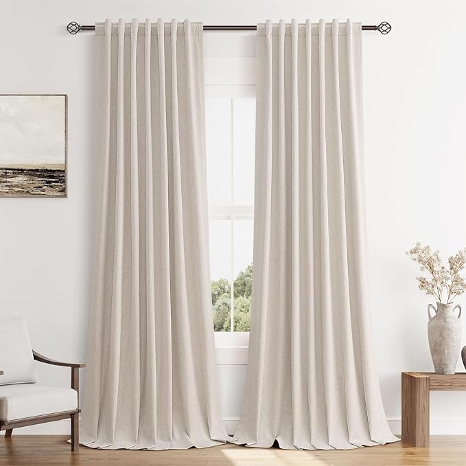 Guken 100% Blackout Curtains 84 Inch Length 2 Panels Set for Living Room Bedroom Back Tab Thermal Insulated Black Out Linen Drapes Room Darkening Window Curtains 84 Inches Long, Sand Beige