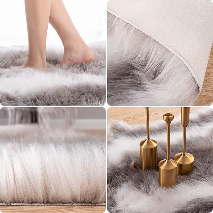 Carvapet Soft Fur Rugs Fake Reindeer Hide Area Rug Fluffy Faux Fur Carpet for Bedroom Floor Mat Home Decorative Throw Rug for Living Room, 4ft x 5ft, Grey