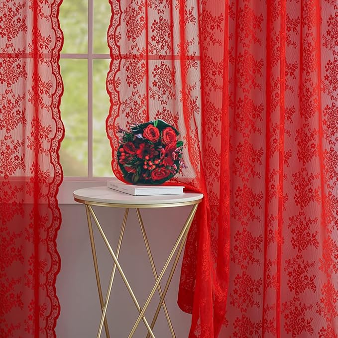 YJ YANJUN Vintage Lace Curtains 63 Inch Length 2 Panels Set Christmas Red Sheer Curtain Panels for Bedroom Winter Window Treatments for Holiday Living Room Dining Room Bedroom 52W x 63L