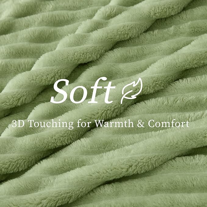 BEDELITE Fleece Throw Blanket for Couch - 300GSM Soft & Warm Fluffy Sage Green Blanket, Decorative and Giftable Striped Blankets for Women, Men, 50"x60"