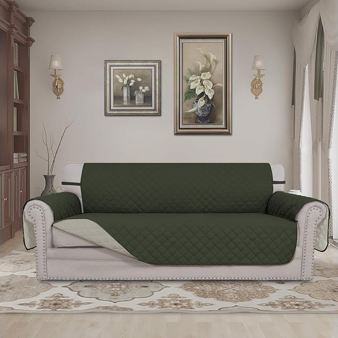 Easy-Going Reversible Oversized Couch Cover for 3 Cushion Couch Sofa Cover for Dogs Water Resistant Furniture Protector Cover with Foam Sticks for Pet (Oversized Sofa, Army Green/Beige)