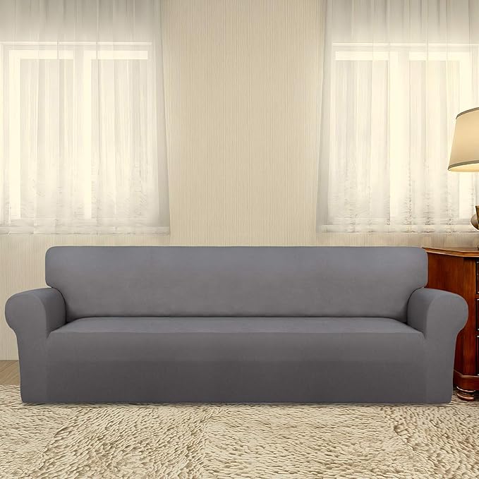 PureFit Super Stretch 4 Seater Sofa Slipcover – Spandex Non Slip Soft Couch Sofa Cover, Washable Furniture Protector with Non Skid Foam and Elastic Bottom for Kids, Pets （XX Large, Light Gray）