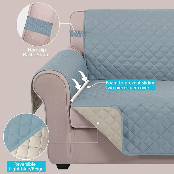 U-NICE HOME Reversible Oversized Chair Covers Quilted Water Repellent Pet Protectors with Elastic Straps(28''Armchair, Light Blue/Beige)