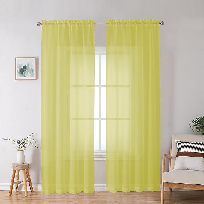 OWENIE Lemon Sheer Curtains for Bedroom Living Room 90 Inches Long, Elegant Solid Light Filtering Window Curtain Panles, Modern Rod Pocket Lemon Curtain, 2Pcs, Each 42" W x 90" L