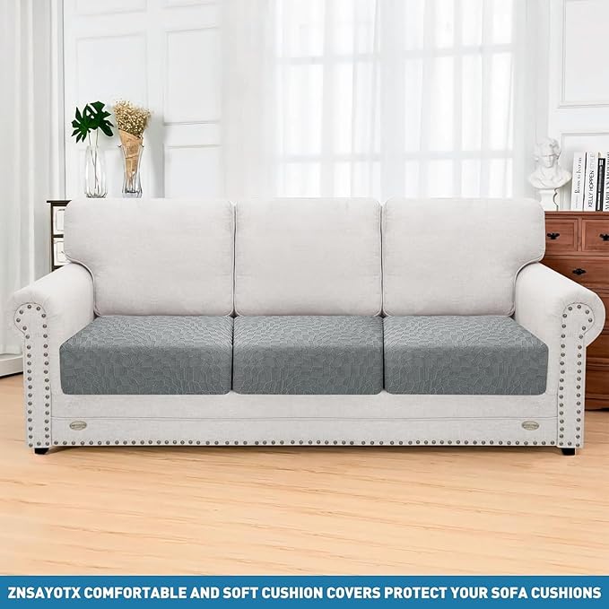 ZNSAYOTX Stretch Cushion Covers for Sofa, Individual Sofa Seat Covers Removable with Elastic Band & Ties, Sectional Couch Cushion Cover Replacement Soft Cozy Washable (3Pc, Light Gray)