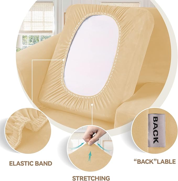 WEERRW 4 Pieces Velvet High Stretch Couch Covers for 3 Cushion Couch Sofa Slipcovers, Washable Furniture Protector with Non Slip Elastic Bottom, Feature Soft and Thick Plush Fabric, Champagne, Large