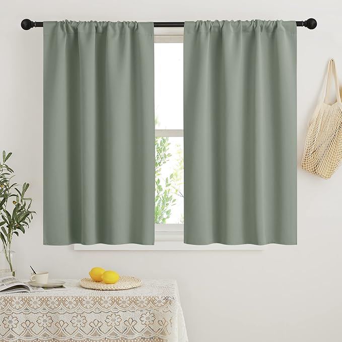 RYB HOME Short Blackout Curtains for Bedroom, Room Darkening Insulated Summer Heat Light UV Blocking Energy Saving Drapes for Nursery, Width 34 by Length 45, Greyish Green, Set of 2