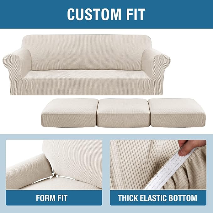 H.VERSAILTEX 4 Piece Stretch Sofa Covers for 3 Cushion Couch Covers for Living Room Furniture Slipcovers (Base Cover Plus 3 Seat Cushion Covers) Thicker Jacquard Fabric (XL Sofa, Island Fossi)