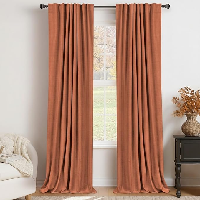 100% Blackout Shield Linen Blackout Curtains for Bedroom 84 Inches Long, Back Tab/Rod Pocket Living Room Drapes, Thermal Insulated Blackout Curtains 2 Panels Set, 50" W x 84" L, Burnt Orange