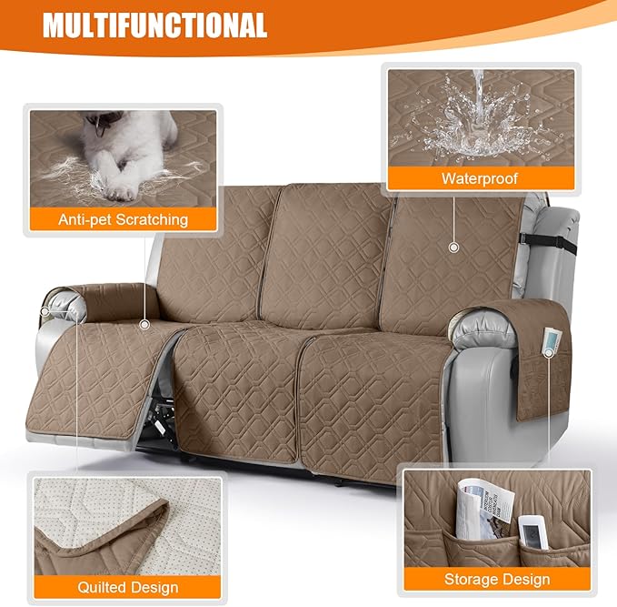VANSOFY Waterproof Recliner Couch Covers, Sofa Covers 1-Piece Washable Reclining Sofa Cover Non-Slip Furniture Protector with Elastic Straps Pocket for Dogs, Pets(Light Brown,3 Seater)