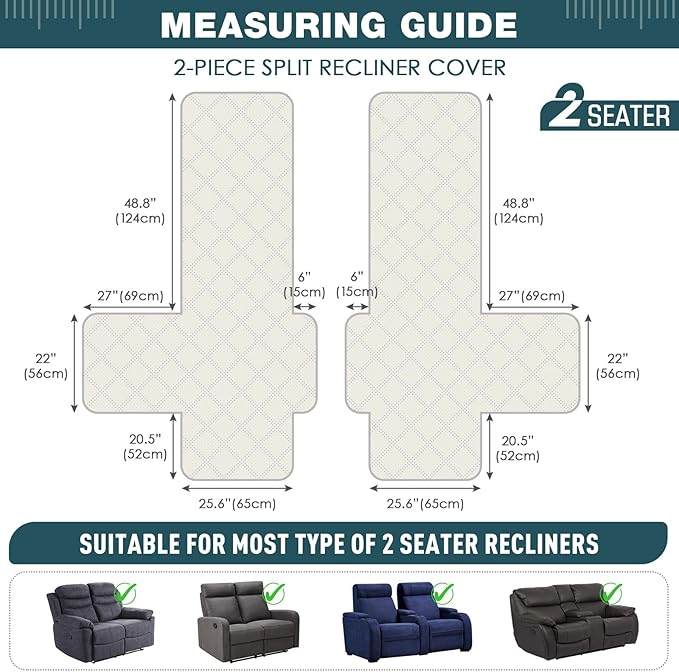 TAOCOCO 100% Waterproof Loveseat Recliner Covers 2 Seater, Split Loveseat Covers for Reclining loveseat, Non Slip Reclining Couch Cover with Double Straps for Kids, Pets(2 Seater, Peacock Blue)