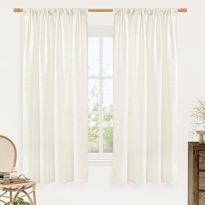 LAMIT Natural Linen Curtains 63 Inch Length for Bedroom, Light Filtering Semi Sheer Living Room Panels Farmhouse Boho Rod Pocket Privacy Drapes for Livingroom, 2 Panels (42 x 63 Inch, Cream)