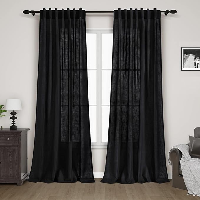 Black Linen Curtains 80 inches Long for Bedroom Back Tab Light Filtering Privacy Sheer Black Curtains Modern Farmhouse Coastal Decor Black Cotton Textured Gauze Curtain 2 Panel Set 52x80