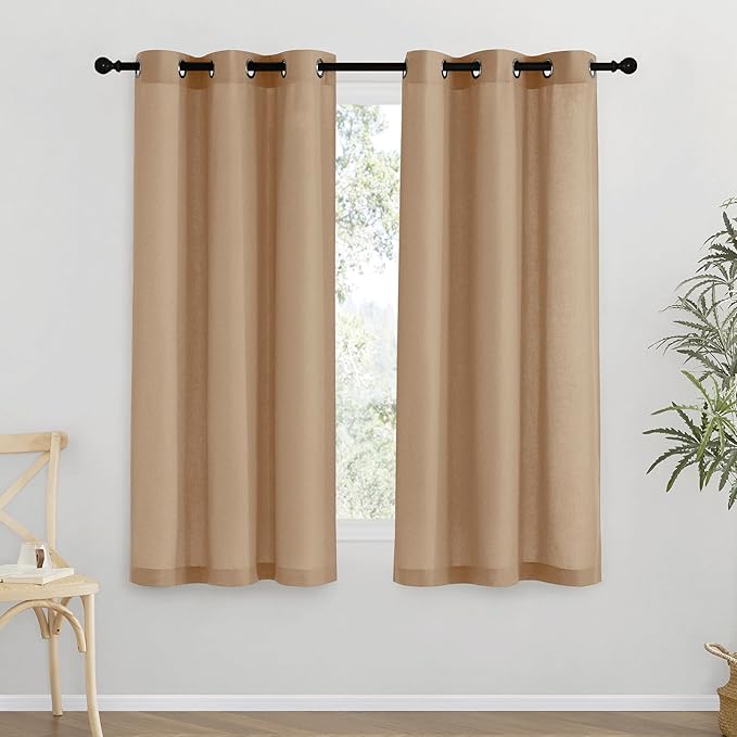 NICETOWN Thick Linen Blend Curtains Flax Textured for Bedroom, Rustic Grommet Semi Sheer Privacy Added Window Curtains & Drapes Light Filtering for Nursery, Camel, W42 x L63, Set of 2